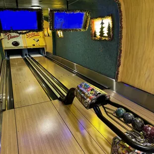 The mini bowling alley in the airstream