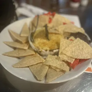 Jalapeno Popper Dip with half tortilla chips and pita