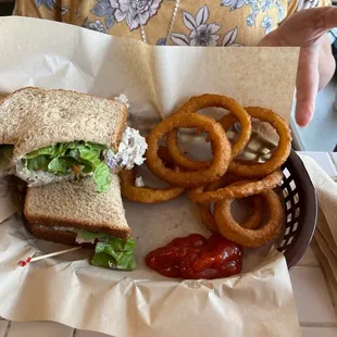 Chicken salad sandwich and onion rings
