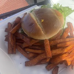 Veggie burger with sweet potato fries. Nice!