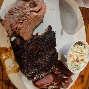 Brisket (marbled, no bark), ribs &amp; sausage with coke slaw