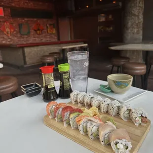 The rainbow roll and the crispy salmon skin roll
