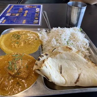 2-entree special: Butter Chicken, Chicken Tiki Marsala, butter naan, and rice