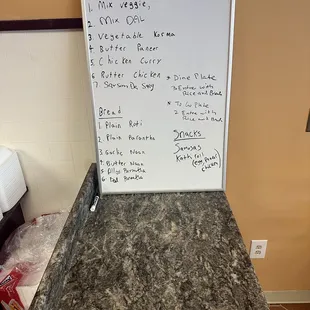 Menu of the day.  The first four, I am told, are standards that appear pretty much daily.  The last three entrees change daily.