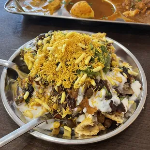 Samosa chaat, butter paneer, vegetable korma