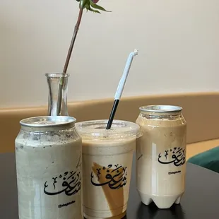 Charcoal latte  Lotus Frappe Iced Corn flakes latte