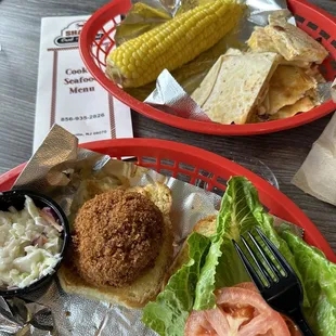 Crab cake sandwich and crab quesadilla