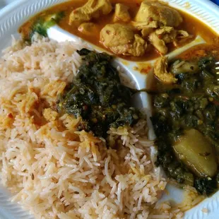 Friday lunch special: Chicken Masala, Aalu Palak, and Basmati Rice