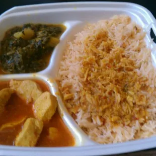 Chicken Masala, Aaloo Palak, and rice. This plus a can of soda for $8.