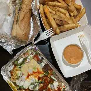 Lamb over Rice Platter, Philly Cheese Steak Sandwich, French Fries