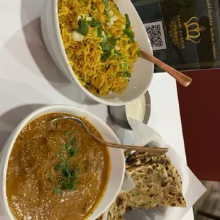 Chicken Biryani Goat Korma garlic naan