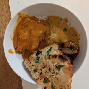 Chicken Tikka Masala, Chicken Makhani, and Garlic Naan