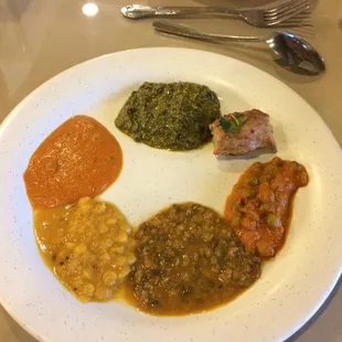 Dal, saag paneer, chicken tikka chor, aloo, halwa