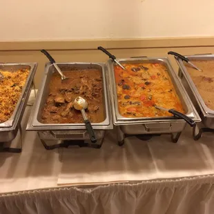 Chicken biryani,  chicken korma, haleem, and baingun (egg plant)