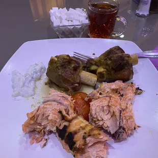 Lamb and salmon with music