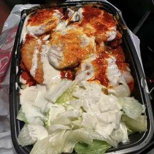 Combo over rice w/ salad and pokora chips (fried potatoes)