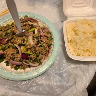 Beef larb with rice