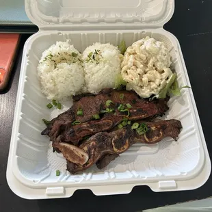 Kalbi ribs. 20 bucks for 3 ribs is theft. Rice was good and Mac salad was bomb