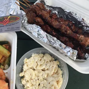 Pork skewers and Mac salad