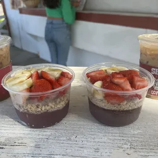 Shaka Iced Coffee with Vanilla and 2% milk , Acai Bowl - Regular &quot;The Duke&quot; , Acai Bowl - Peanut Butter &quot;Banzai&quot;, and Aloha White Mocha