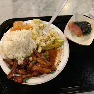 "Da Kaine Bird" Hawaiian barbecue chicken and a spam musubi