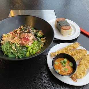 Spicy tuna, musubi, shrimp tempura