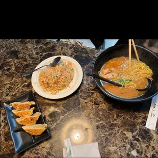 Delicious pork fried rice and miso ramen! This was a mini ramen!! Gyoza was homemade and the best we've had!