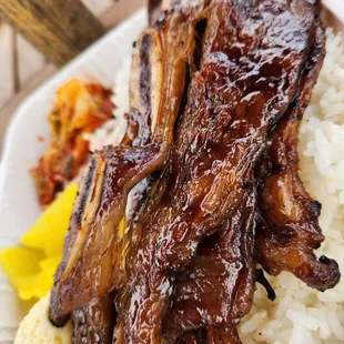ribs and rice on a plate