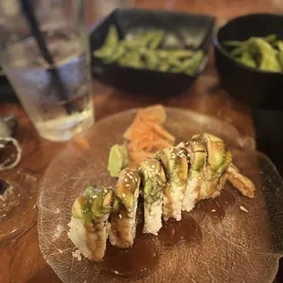 Dragon Roll and Edamame