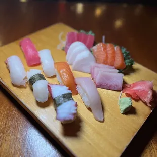 sushi on a wooden plate