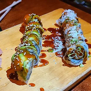 Happy Hour Menu - dragon roll on left, crazy coconut on right - $6 each