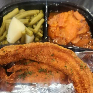 Fried Catfish dinner yams/string beans