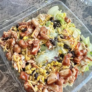 Southern BBQ Chicken salad. Typically comes with ranch, I swapped the dressing to Creamy Cilantro and it paired perfectly!!