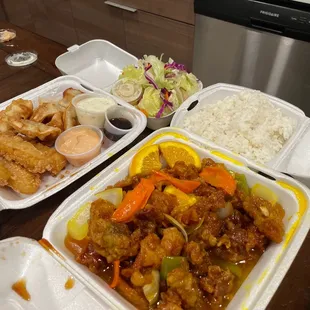 Orange Chicken, Tempura, Gyoza, Salad, Rice