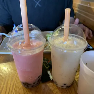 Raspberry bubble tea (very sweet) banana bubble tea (taste like banana laffy taffy)