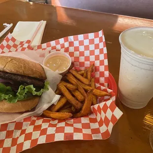 Blue Cheese Burger with sweet Sweet potato fries and milk shake