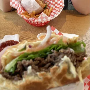 Bulgogi burger in hand.