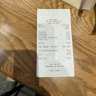 Receipt with pricing as of November 2023