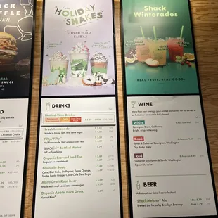 menus and drinks