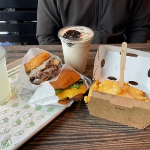 Two burgers, cheese fries, shake &amp; a lemonade - plenty of food for two people!