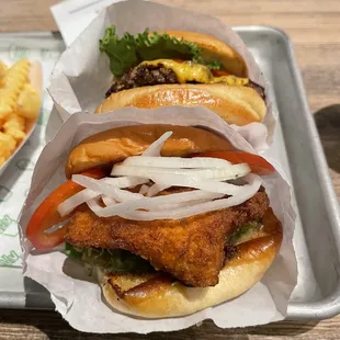 Burger on top and chicken on bottom