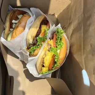 Shack Burger (x2) and Hot Chicken Sandwich