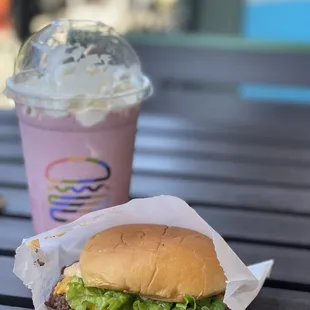 ShackBurger and Strawberry Shake with whipped cream