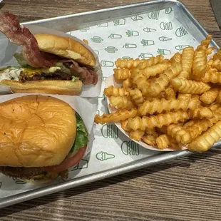 Bacon Avocado Cheeseburger, Shack Stack, fries