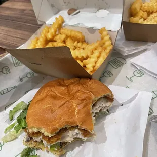 chick'n shack burger and crinkle cut fries