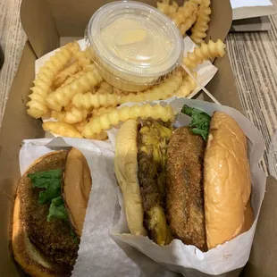 'shroom burger, shack stack burger, cheese fries