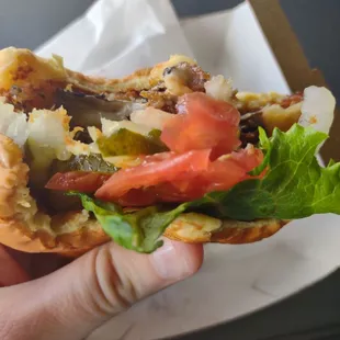 Veggie burger was delicious. Had cheese in the middle which I wasn't expecting.