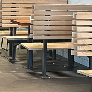 a row of wooden benches
