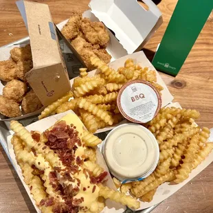 Chicken Bites, Bacon Cheese Fries, Fries