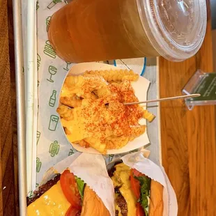 Shackburger spicy cheese fries with ranch, iced tea